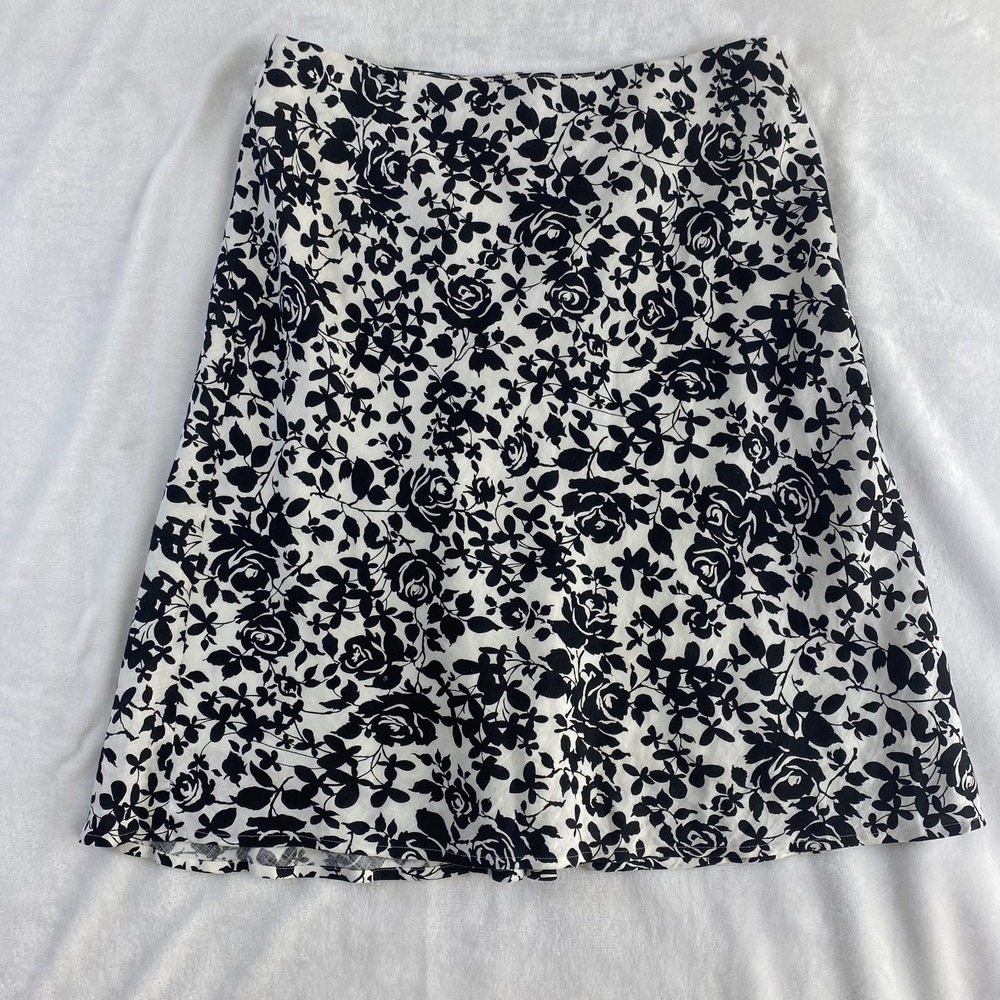 2/$30‎ LOFT Ann Taylor 100% Linen Midi Skirt 6 Black White Floral Lined Coastal
